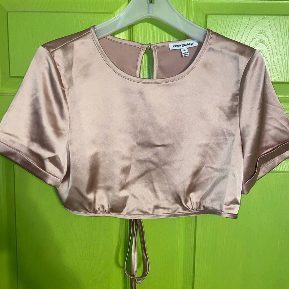 Champagne Color, Silk Short Sleeve Crop Top w/ Open Back😍